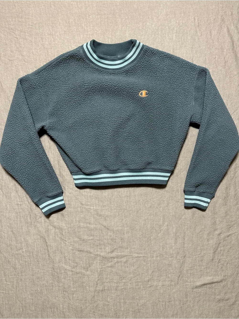 Champion Cropped Sherpa Sweatshirt in Dark Teal with Light Blue Stripe Trim